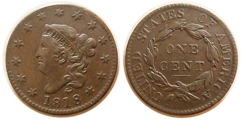 UNITED STATES. 1818. Large One Cent. Nice brown patina. Choice EF.