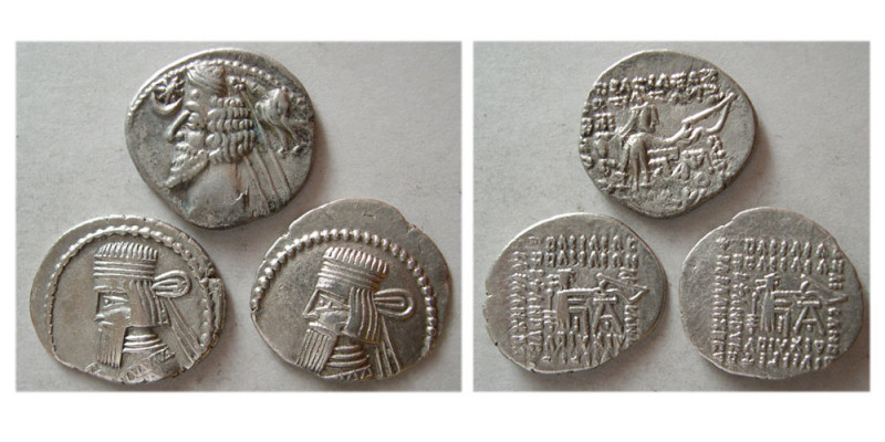 Group Lot of 3 Parthian AR Drachms. Lot Includes one Phraates IV and 2 Artabanos...