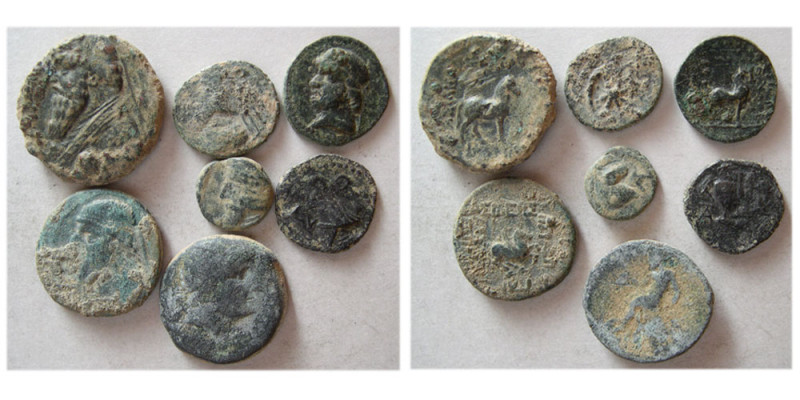 Group Lot of 7 Ancient Bronze coins. Includes 6 Parthian Bronze coins and one Se...