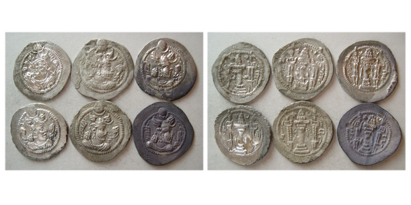 Group lot of 6 Sasanian Kings, Peruz. AR Drachms. Few with original find patinas...