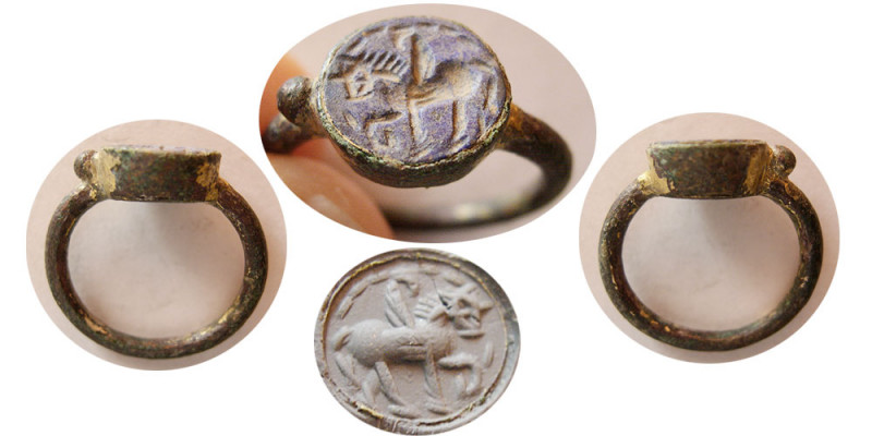 ANCIENT Bronze Gilt Sasanian. Ca 3rd-4th. Century AD. Azure Seal Ring (3.12 gm; ...