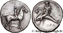 CALABRIA - TARAS
Type : Nomos, statère ou didrachme 
Date : c. 302 AC. 
Mint name / Town : Tarente, Calabre 
Metal : silver 
Diameter : 22  mm
Orienta...