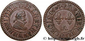 HENRY IV
Type : Denier tournois, 1er type de Paris (légende française) 
Date : 1603 
Mint name / Town : Paris, Moulin des Étuves 
Quantity minted : 13...