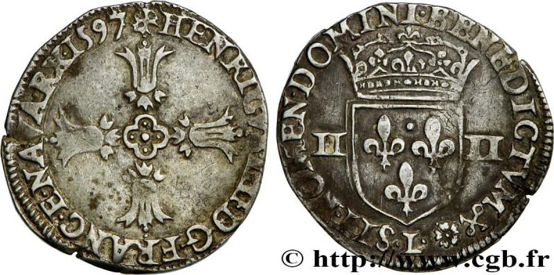 HENRY IV
Type : Quart d'écu, croix feuillue de face 
Date : 1597 
Mint name / To...