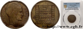 III REPUBLIC
Type : Essai de 5 francs Turin en Bronze-aluminium 
Date : 1929 
Mint name / Town : Paris 
Metal : bronze-aluminium 
Diameter : 24  mm
Or...