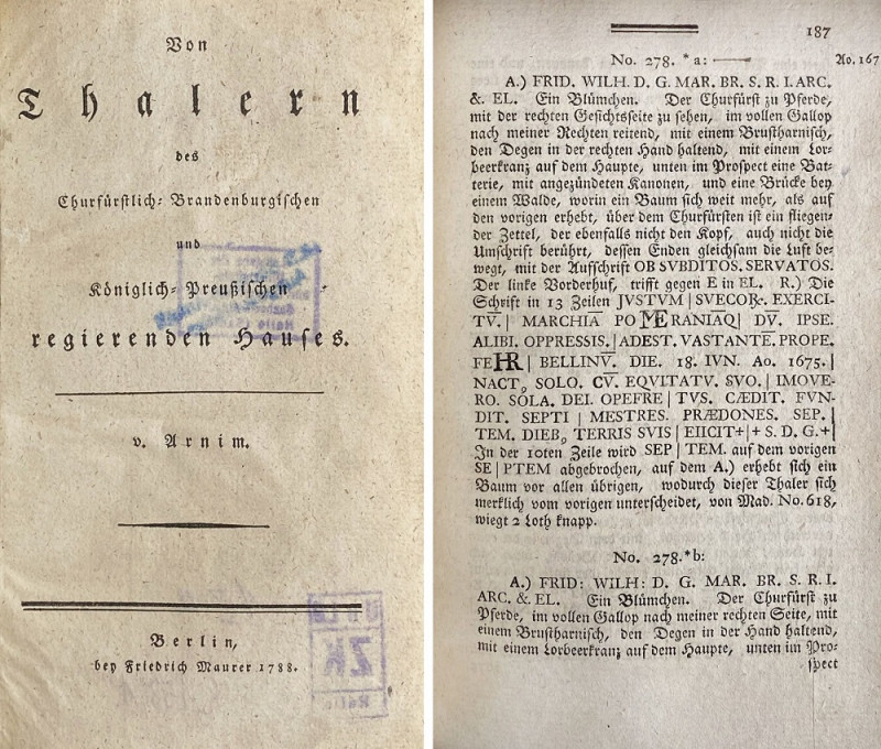 Monographien. Bibliophile Werke. Arnim, [B.J.] von.


Von Thalern des Churfür...