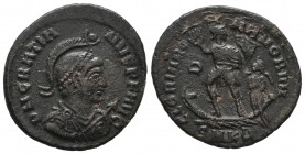 Gratian. A.D. 367-383. AE 4.74 gr. Cyzicus mint, A.D. 378-383.
D N GRATIANVS P F AVG, helmeted, pearl-diademed, draped, and cuirassed bust right, hol...