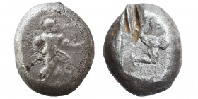 PAMPHYLIA. Aspendos, circa 465-430 BC. AR Stater (silver, 10.68 g, 19 mm). Helmeted, nude hoplite advancing to right, holding sword and shield. Rev. T...