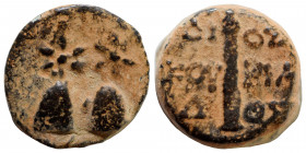COLCHIS. Dioscurias. Time of Mithradates VI Eupator, circa 105-90 BC. Ae (bronze, 7.54 g, 17 mm). Piloi of the dioskouroi surmounted by stars. Rev. ΔΙ...