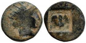 Islands Off Caria. Rhodos, circa 180-84 BC. Ae (bronze, 1.48 g, 13 mm). Radiate head of Helios right. Rev. P-O flanking rose; all within incuse square...