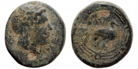 IONIA. Myous, circa 400-380 BC. Ae (bronze, 5.82 g, 20 mm). Laureate head of Apollo. Rev. MYH. Goose standing right within maeander pattern. Apparentl...