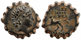 SELEUKID KINGS OF SYRIA. Antiochos VI Dionysos, 144-142 BC. Serrate ae (bronze, 3.95 g, 18 mm), Antioch on the Orontes, 143/142 BC. Radiate and diadem...