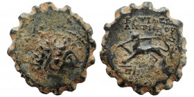 SELEUKID KINGS OF SYRIA. Antiochos VI Dionysos, 144-142 BC. Serrate ae (bronze, 3.24 g, 19 mm), Antioch on the Orontes, 143/142 BC. Radiate and diadem...
