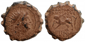 SELEUKID KINGS OF SYRIA. Antiochos VI Dionysos, 144-142 BC. Serrate ae (bronze, 3.56 g, 18 mm), Antioch on the Orontes, 143/142 BC. Radiate and diadem...