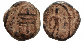 KINGS of PARTHIA. Meherdates. Usurper, 49-50. Ae (bronze, 1.29 g, 10 mm), Ekbatana. Diademed facing bust; cross and tiny pellet to each side. Rev. Mal...