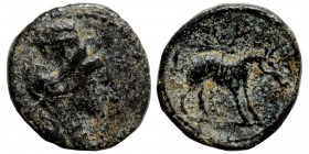 GREEK. Uncertain mint, possibly Mesopotamia. Ae (bronze, 0.48 g, 10 mm). Tyche to right. Rev. Horse (?) to right, branch above. Cf. Naumann 115 , lot ...