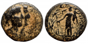 GREEK. Ae (bronze, 5.74 g, 20 mm). Jugate busts (Dioskouroi ?) right. Rev. Asklepios (?) to left. Fine.