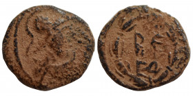 SYRIA, Cyrrhestica. Beroea. Pseudo-autonomous issue. 2nd century AD. Ae (bronze, 0.60 g, 10 mm). Helmeted head of Athena (?) right. Rev. BЄ/POI in lau...