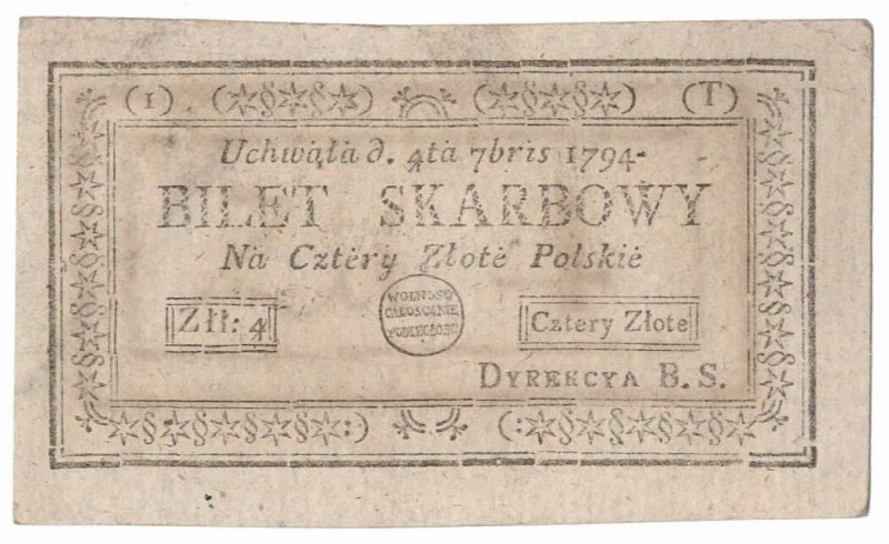 Kosciuszko uprising, 4 zloty 1794 Bardzo dobrze zachowany egzemplarz banknotu In...