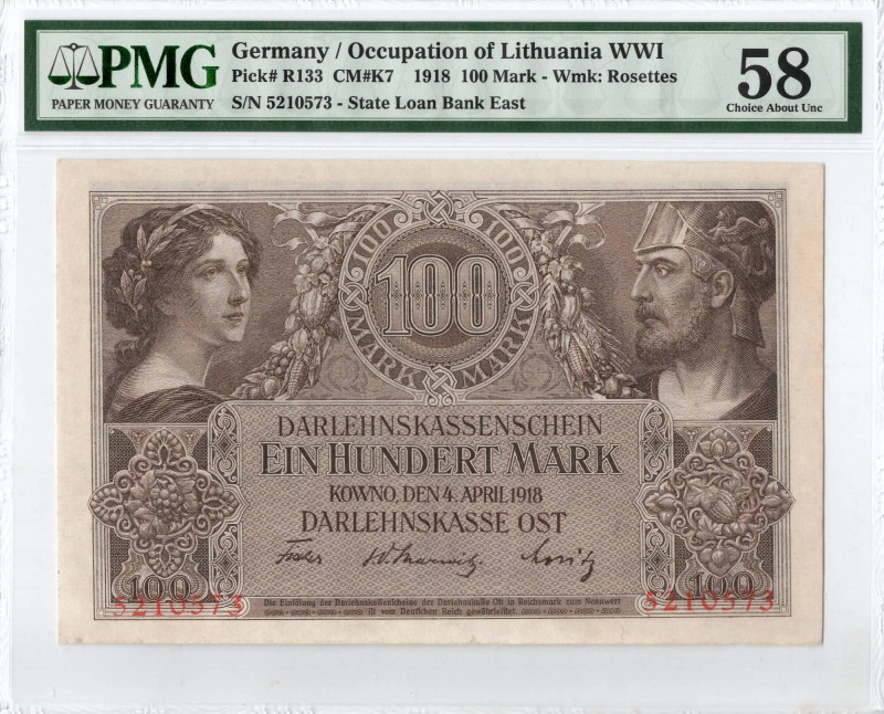 Kowno, 100 marek 1918 - PMG 58 Bardzo dobrze zachowany banknot o przyjemnej niem...