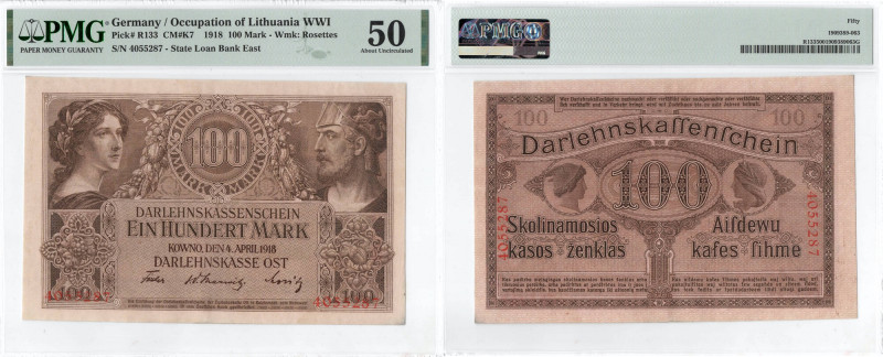 Kowno, 100 marek 1918 - PMG 50 Dobrze zachowany banknot o przyjemnej wizualnie p...