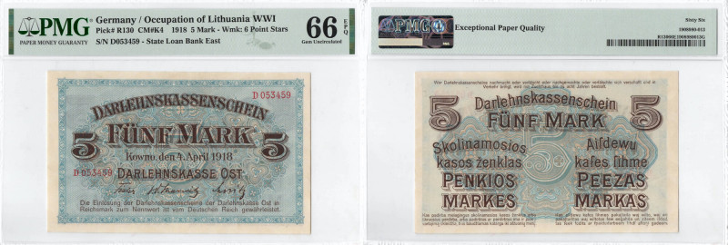Kowno, 5 marek 1918 - PMG 66EPQ Wyśmienicie zachowany banknot o doskonałej preze...