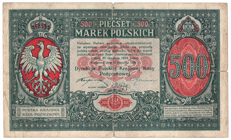 Dyrekcja PKKP, 500 mkp 1919 Bardzo rzadki banknot z wyraźnymi śladami obiegu, po...