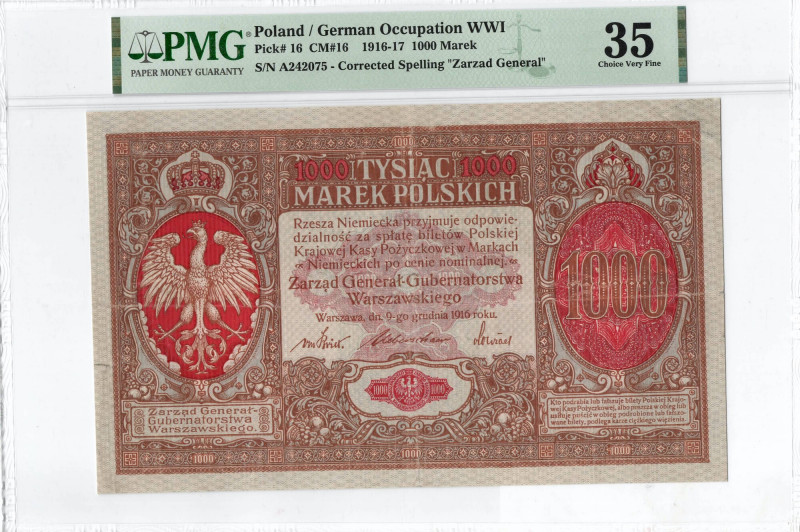 GG, 1000 mkp 1916 Generał - PMG 35 Banknot w dobrej wizualnie kondycji, widoczne...
