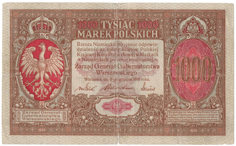 GG, 1000 mkp 1916 Generał Banknot w dobrej wizualnie kondycji, widoczne kilka zł...