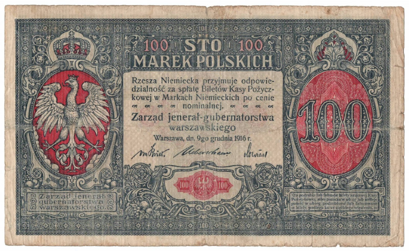 GG, 100 mkp 1916, Jenerał Rzadki banknot z wyraźnymi śladami obiegu. Banknot nie...