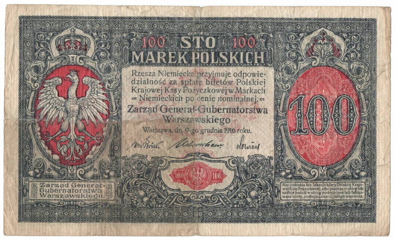 GG, 100 mkp 1916, Generał Banknot o wyraźnie obiegowym charakterze. Banknot niez...