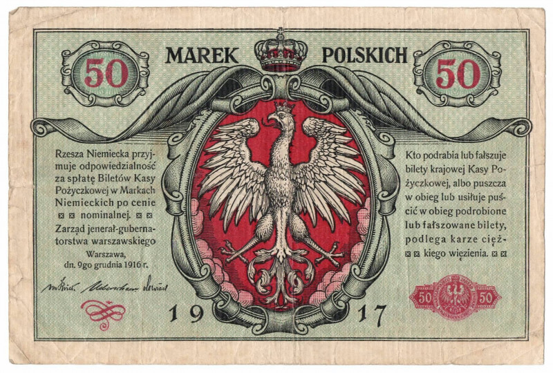 GG, 50 mkp 1916 - Jenerał Rzadki banknot gięty na cztery, wyraźnie obiegowy o ak...