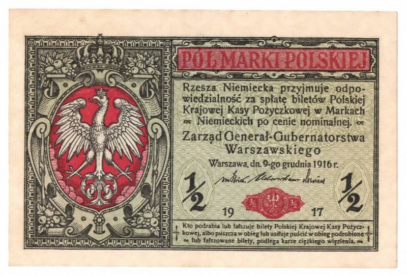 GG, 1/2 mkp 1916 Generał Egzemplarz w doskonałym, emisyjnym stanie zachowania. B...