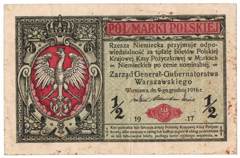 GG, 1/2 mkp 1916 Generał Egzemplarz z centralnym złamaniem i widocznymi rdzawymi...