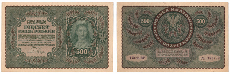 II RP, 500 marek polskich 1919 I SERJA BP Bardzo ładny egzemplarz z nieznacznymi...