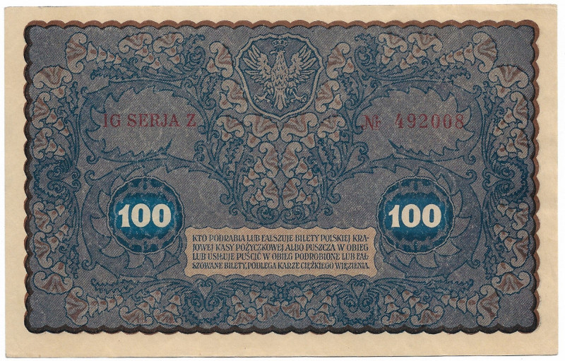 II RP, 100 marek polskich 1919 IG SERJA Z - ex Lucow Bardzo atrakcyjny banknot, ...