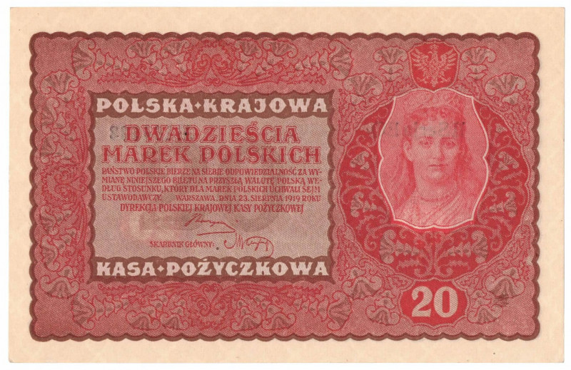 II RP, 20 marek polskich 1919 II SERJA EQ Atrakcyjny egzemplarz w emisyjnym stan...