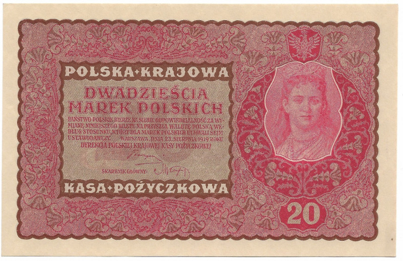 II RP, 20 marek polskich 1919 II SERJA DW - ex Lucow Bardzo atrakcyjny, mały min...