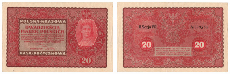 II RP, 20 marek polskich 1919 II SERJA FR Banknot bliski emisyjnemu, jednak z ug...