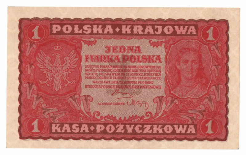 II RP, 1 marka polska 1919 I SERIA A Bardzo ładny egzemplarz z minusem za ugięci...