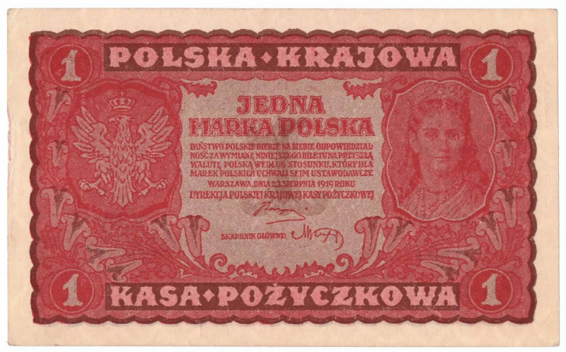 II RP, 1 marka polska 1919 I SERIA A Bardzo ładny egzemplarz z minusem za uszkod...