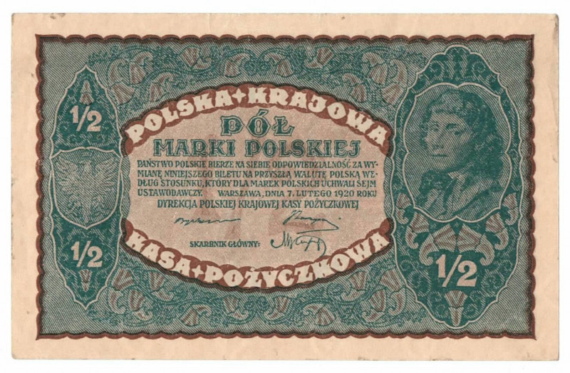 II RP, 1/2 marki polskiej 1919 Obiegowy egzemplarz. Reference: Miłczak 30
Grade...