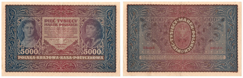 II RP, 5000 marek polskich 1920 II Serja S Egzemplarz poprawny wizualnie, o przy...