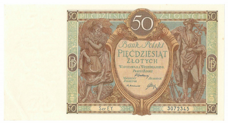 II RP, 50 złotych 1929 EY Banknot w niemal emisyjnym stanie zachowania, minus za...