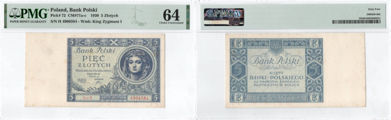 II RP, 5 złotych 1930 H - SERIA JEDNOLITEROWA - PMG 64 Świetnie zachowany bankno...