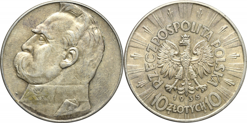 II Republic of Poland, 10 zloty 1935 Pilsudski Obiegowy egzemplarz z resztkami p...