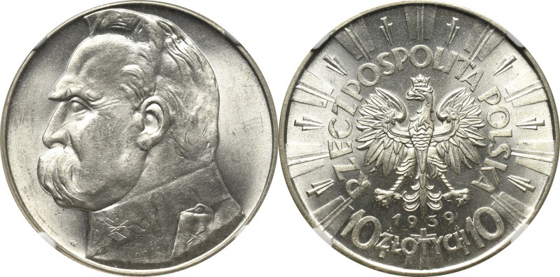 II Republic of Poland, 10 zloty 1939 Pilsudski - NGC MS64 Bardzo atrakcyjny egze...
