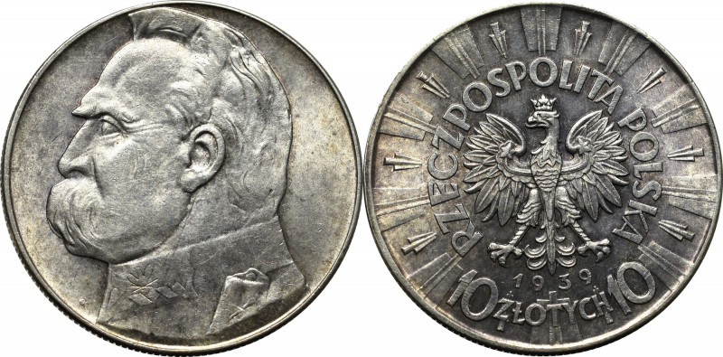 II Republic of Poland, 10 zloty 1939 Pilsudski Bardzo ładny egzemplarz z okołome...