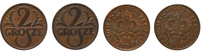 II Rzeczpospolita, zestaw 2 grosze 1937 i 1939 Zestaw dwóch atrakcyjnych dwugros...