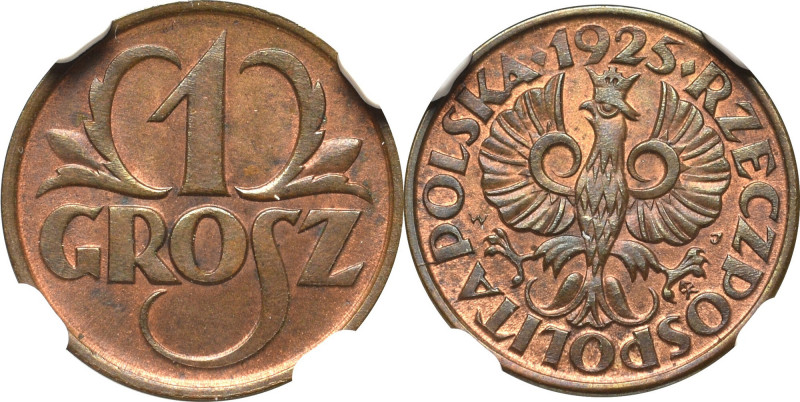 II Rzeczpospolita, 1 grosz 1925 - NGC MS64 BN Menniczy egzemplarz z piękna preze...